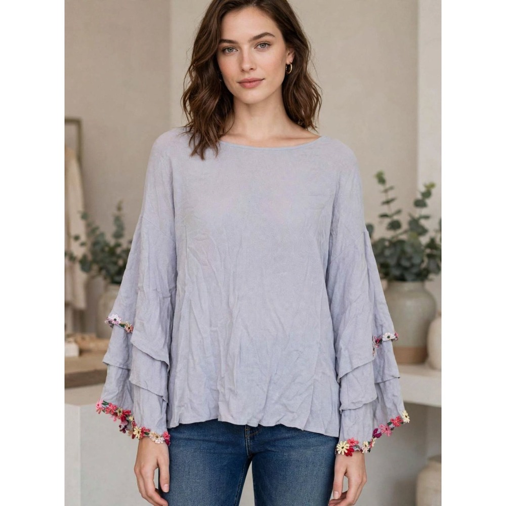 Umgee Women's  Double Layer Bell Sleeves Floral Embroidery Top Blouse Oversize S